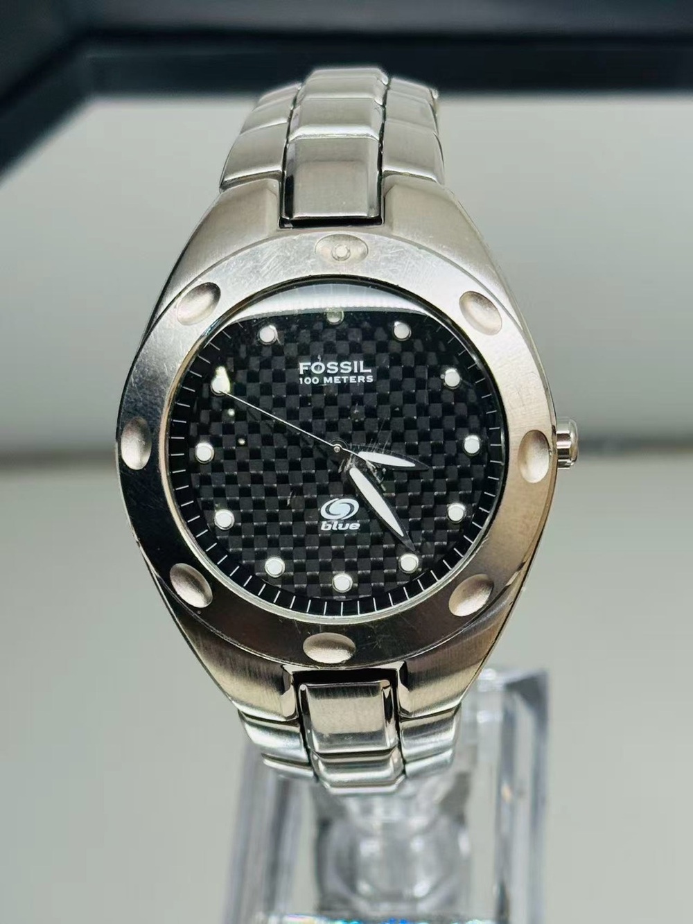 Fossil Blue AM-3291 Carbon Fiber Dial Men Watch 39mm New Battery Runs